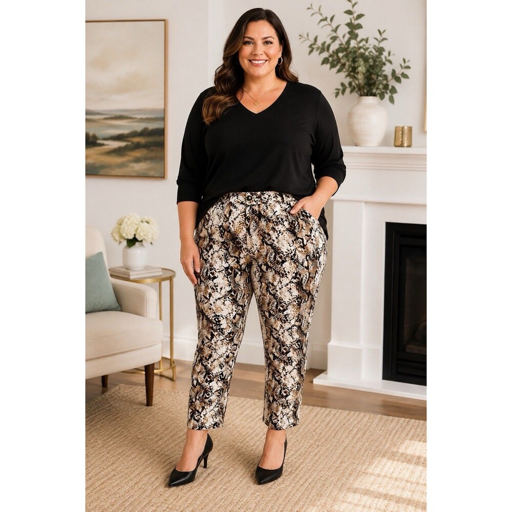 Like An Angel Women’s 3X Snakeskin Print Stretch Pull On Pants Pockets Brown Tan
